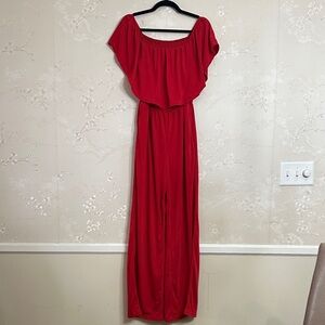 Red Off or On Shoulder Wide Leg Jumpsuit